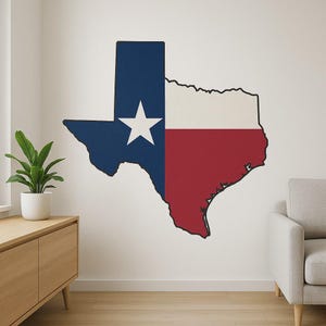 Sticker mural carte du Texas avec drapeau – contour des États américains avec motif Lone Star pour décoration de salon, de garage ou de camping-car pour les fans du Texas USA