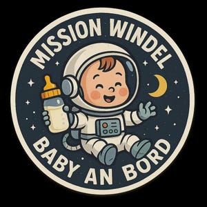 Misión Windel – Pegatina de bebé a bordo con un bebé astronauta – Divertida pegatina para el coche para padres – Resistente a la intemperie y con mucho humor