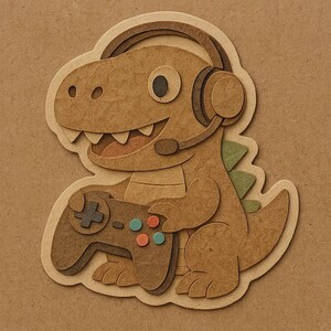 コントローラーとヘッドセットを備えたゲーマーとしての恐竜 - 面白い漫画ステッカー - 耐候性 - ゲーミング、恐竜ユーモアファンへのギフト