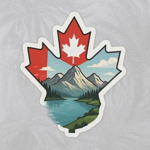 Sticker Kanada Flagge mit Ahornblatt und Bergsee Aufkleber für Wohnmobil Auto Laptop Geschenk für Kanada-Fans und Naturliebhaber