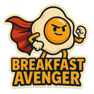 ケープをつけた目玉焼き - 「Breakfast Avenger」と書かれた面白い漫画ステッカー - 耐候性 - グルメ、オタク、ユーモアファンへのギフト