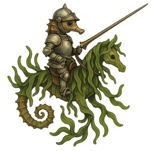 May include: An illustration of a seahorse knight in silver armor, holding a spear, riding a green seahorse. The seahorse knight has a helmet and is seated on a saddle. The seahorse has a curly tail and flowing mane.