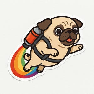 Pode incluir: Um pug de desenho animado usando um jetpack e voando através de um arco-íris. O pug é marrom com um peito branco e tem uma expressão feliz.