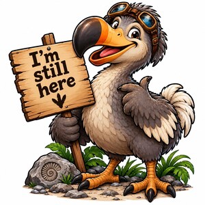Peut inclure: Un dodo de dessin animé avec des plumes grises, des pattes orange et des lunettes d'aviateur marron, tenant un panneau en bois portant l'inscription "I'm still here" avec une empreinte. À côté, un rocher gris avec un fossile en spirale.