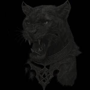May include: A detailed illustration of a black panther with an open mouth, showing sharp teeth. The panther is adorned with a decorative collar and a pendant featuring a star design. The artwork is set against a black background, highlighting the panther's intense expression.