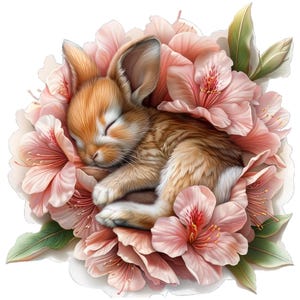 Peut inclure: Illustration d'un bébé lapin endormi niché dans des fleurs roses. Le lapin a un pelage brun et les yeux fermés, entouré de pétales délicats et de feuilles vertes. Une image charmante pour le printemps ou Pâques.