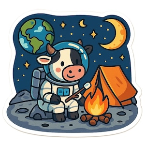 Vaca astronauta en un viaje de campamento lunar – Pegatina divertida de dibujos animados – Resistente a la intemperie – Regalo para amantes del espacio, los animales y el humor