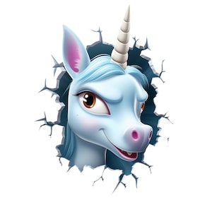 Muursticker 'Happy unicorn break through' – 3D muursticker en autosticker
