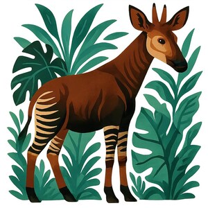 Könnte beinhalten: Illustration eines Okapi, einem Säugetier mit braunem Körper, cremefarbenem Gesicht und gestreiften Beinen, inmitten grüner tropischer Blätter. Das Kunstwerk hat einen Aquarellstil mit weißem Hintergrund.