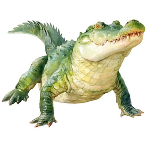 Könnte beinhalten: Aquarellillustration eines grünen Alligators mit gelben Augen und scharfen Zähnen. Der Alligator ist in einer dynamischen Pose dargestellt, mit gespreizten Beinen und erhobenem Schwanz. Das Kunstwerk hat ein detailliertes, strukturiertes Aussehen.