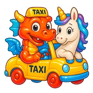 ユニコーンを乗せたタクシー運転手のドラゴン – 面白い漫画ステッカー – 耐候性 – ファンタジー、動物、ユーモアファンへのギフト