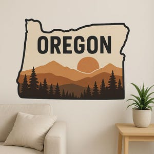 Carte de l'Oregon et autocollant mural paysage motif nature avec contour des montagnes comme autocollant pour mur camping-car ordinateur portable cadeau pour USA extérieur
