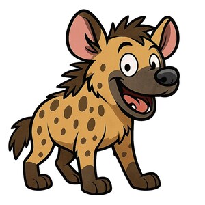 Può includere: Illustrazione di un cartone animato di una iena sorridente. La iena ha un corpo marrone con macchie marroni, una criniera marrone scuro e grandi orecchie. La sua bocca è aperta, rivelando una lingua rosa e denti. La iena è in piedi sulle quattro zampe.