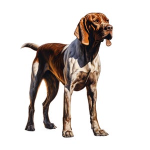 Puede incluir: Ilustración detallada de un perro Pointer, con pelaje marrón y blanco. El perro está de pie, con la cabeza ligeramente girada hacia arriba, la lengua visible. La obra de arte está sobre un fondo blanco.
