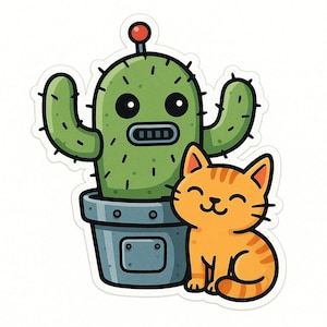 Roboter-Kaktus mit Katze Sticker – Fantasie Autoaufkleber – wetterfest, verrückt – Geschenk für Sci-Fi-Fans, Katzenliebhaber, Nerds
