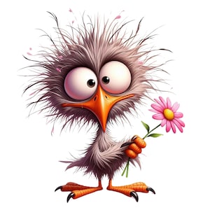 Könnte beinhalten: Ein Cartoon-Vogel mit großen Augen und einem orangefarbenen Schnabel und Füßen, der eine rosa Gänseblümchen hält. Der Vogel hat graue und weiße Federn und einen überraschten Gesichtsausdruck. Das Bild ist vor einem weißen Hintergrund.