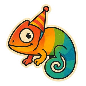 色が変わるパーティーハットをかぶったカメレオン – 面白い漫画ステッカー – 耐候性 – 動物、パーティー、ユーモアファンへのギフト