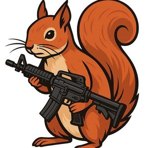 May include: A cartoon illustration of a squirrel holding a black rifle. The squirrel is depicted in shades of brown and orange, with a bushy tail and a determined expression. The background is plain white.