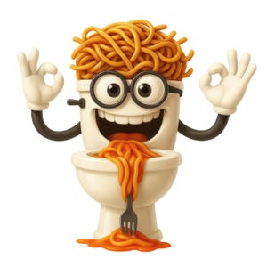 Könnte beinhalten: Eine Cartoon-Toilettenfigur mit Spaghetti-Haaren, Brille und der 'Okay'-Handgeste mit beiden Händen. Orangefarbene Spaghetti kommen aus der Toilettenschüssel, mit einer Gabel darin. Die Toilette hat ein lächelndes Gesicht.