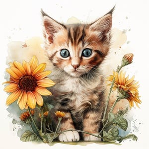以下が含まれることがあります： 茶色とタン色の毛並みと明るい青い目の子猫の水彩イラスト。子猫は黄色いヒマワリと緑の葉に囲まれ、柔らかい水彩画の背景に描かれています。