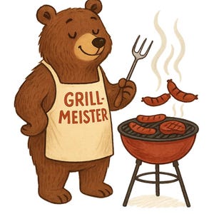 May include: A cartoon illustration of a brown bear wearing a white apron with the text "GRILL-MEISTER". The bear is holding a fork and grilling sausages and a steak on a red barbecue grill. Steam rises from the grill.