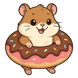 Könnte beinhalten: Cartoon-Illustration eines Hamsters, der einen Schokoladen-Donut trägt. Der Donut hat rosa Glasur und bunte Streusel. Der Hamster ist braun und beige mit großen Augen und einem lächelnden Gesicht.