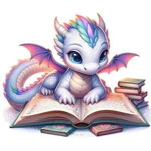 Słodki mały smok na książkach, słodka naklejka winylowa z kreskówki fantasy