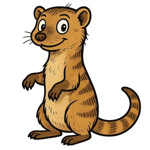 May include: A cartoon illustration of a meerkat standing upright, featuring a light brown body with darker brown stripes. The meerkat has a smiling expression, large eyes, and a long, striped tail. The background is white.