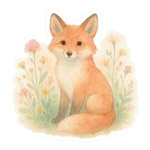 Adesivo volpe acquerello – disegno prato fiorito – adesivo per laptop, bullet journal, motivo natura, adesivo animale carino
