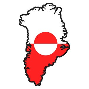 Puede incluir: Ilustración gráfica del mapa de Groenlandia, coloreado con los colores rojo y blanco de la bandera groenlandesa. El contorno del mapa es negro, y el diseño de la bandera es un círculo rojo y blanco en la mitad superior.