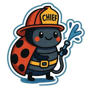 ミニホースを持った消防署長のてんとう虫 – 面白い漫画ステッカー – 耐候性 – 昆虫、職業、ユーモアのファンへのギフト