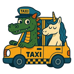 ユニコーンを乗せたタクシー運転手のドラゴン – 面白い漫画ステッカー – 耐候性 – ファンタジー、動物、ユーモアファンへのギフト