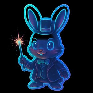 魔法の杖を持つマジシャンのウサギ – かわいい漫画ステッカー – 耐候性 – ファンタジー、動物、ユーモアファンへのギフト