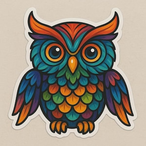 Bunte Eule Sticker, niedlicher Eulen Aufkleber, farbenfrohes Tiermotiv, Laptop Sticker, Kinderzimmer Deko, Geschenk für Tierliebhaber