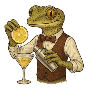 Könnte beinhalten: Illustration eines Frosch-Barkeepers, der eine Zitrone in ein Cocktailglas presst. Der Frosch trägt ein weißes Hemd, eine braune Weste und eine Fliege und hält einen Cocktailshaker. Das Getränk ist gelb.
