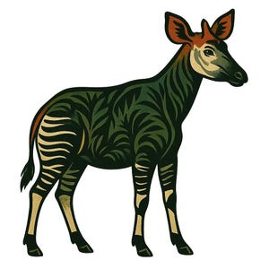 May include: Illustration of an okapi, a mammal with a zebra-like striped pattern on its legs and a dark green and brown body. The okapi has a light-colored face and large ears, with a brown and tan color scheme.