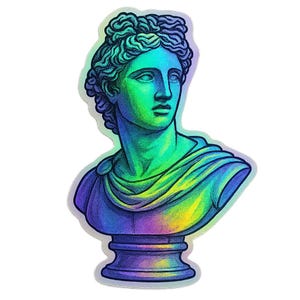 Könnte beinhalten: Ein holografischer Aufkleber eines Büstenbildes einer klassischen Figur. Die Büste ist in einem Farbverlauf aus Grün, Blau und Lila gehalten. Die Figur hat detailliertes lockiges Haar und ein drapiertes Gewand.