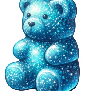 Puede incluir: Ilustración de un oso de goma azul brillante. El oso es de un tono azul vibrante, cubierto de purpurina blanca y plateada brillante. El oso tiene la forma clásica de un oso de goma con rasgos redondeados.