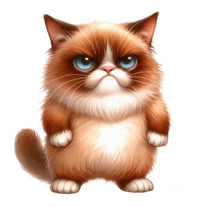 Könnte beinhalten: Digitale Illustration einer grummeligen Katze mit braun-weißem Fell, blauen Augen und einem ständig verärgerten Gesichtsausdruck. Die Katze steht aufrecht, ihre Pfoten sind sichtbar und sie hat ein flauschiges Aussehen.