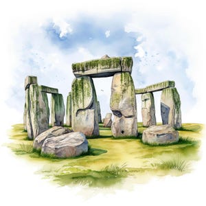 Peut inclure: Illustration à l'aquarelle de Stonehenge, représentant les grandes structures en pierre patinée sous un ciel bleu nuageux. Les pierres sont recouvertes de mousse verte et se dressent sur un champ herbeux, capturant la grandeur du monument.