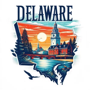 Könnte beinhalten: Farbenfrohe Illustration von Delaware mit dem Namen des Bundesstaates in Marineblau. Das Bild zeigt einen Sonnenuntergang über einem Fluss mit einer Brücke, Gebäuden und einem Glockenturm. Eine Vogelsilhouette befindet sich im Vordergrund.