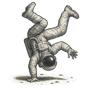 Puede incluir: Ilustración en blanco y negro de un astronauta haciendo el pino. El astronauta lleva un traje espacial y un casco. La imagen está dibujada con un estilo de sombreado cruzado detallado, con la pose del astronauta que sugiere movimiento y alegría.