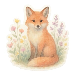 Adesivo volpe acquerello – disegno prato fiorito – adesivo per laptop, bullet journal, motivo natura, adesivo animale carino