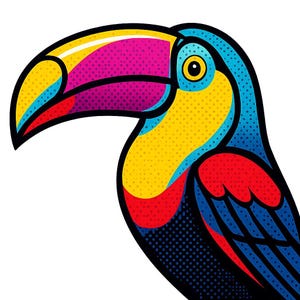 Könnte beinhalten: Eine lebendige Illustration eines Tukanvogels. Der Tukan hat einen großen, farbenfrohen Schnabel mit rosa, gelben und schwarzen Akzenten. Sein Körper ist eine Mischung aus Gelb, Rot, Blau und Schwarz mit einem gepunkteten Muster. Der Vogel ist vor weißem Hintergrund.