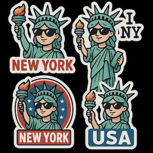 Set di 4 adesivi Statua della Libertà - Design dei cartoni animati di New York - Adesivo da viaggio negli Stati Uniti, Ragazza della libertà con occhiali da sole