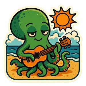 ビーチでウクレレを弾くクラーケン – 面白い漫画ステッカー – 耐候性 – 音楽、海、ユーモアのファンへのギフト