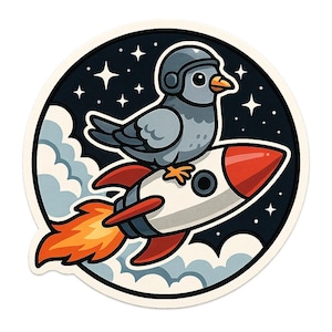 Pegatina de paloma cohete | Paloma de dibujos animados con casco viajando en cohete | Cómic espacial de animales con humor | Pegatina divertida de vuelo