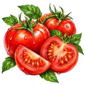 May include: A cluster of vibrant red tomatoes, including one whole tomato, one halved tomato, and one wedge, all featuring green stems and leaves. The surfaces of the tomatoes are covered in clear water droplets, highlighting their fresh texture.