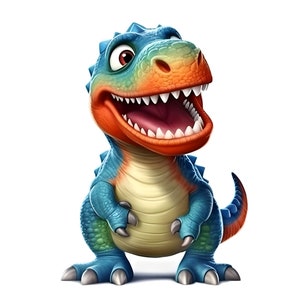 Pegatina de dinosaurio colorida: pegatina de T-Rex feliz con estilo de dibujos animados para la habitación de los niños. Decoración para fiesta de dinosaurios y idea de regalo para niños.