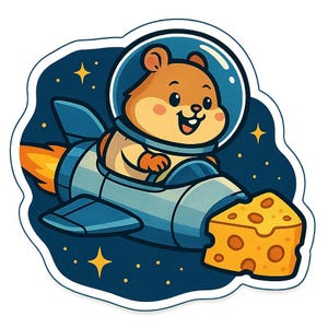 Hámster en el transbordador espacial en una misión de queso – Divertida pegatina de dibujos animados – Resistente a la intemperie – Regalo para fanáticos de los animales, el espacio y el humor